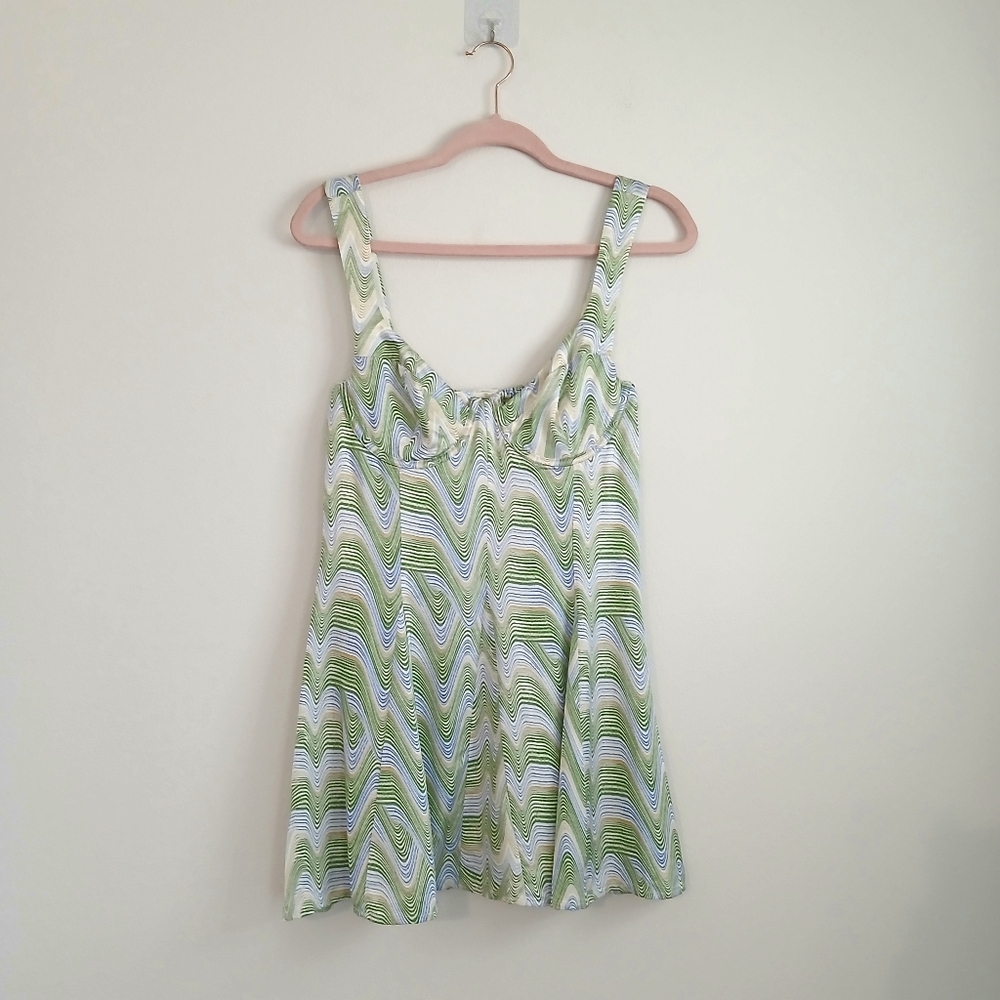 For Love and Lemons Green and White Balconette Patterned Mini Dress